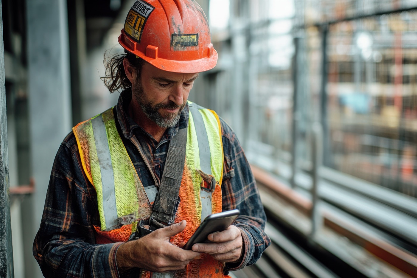 Bauarbeiter auf der Baustelle sucht auf seinem Smartphone nach lokalen Informationen